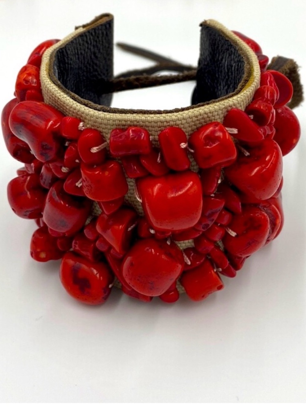 Lucky Brand Red Coral Leather Cuff Bracelet 10" Tie Boho Southwestern